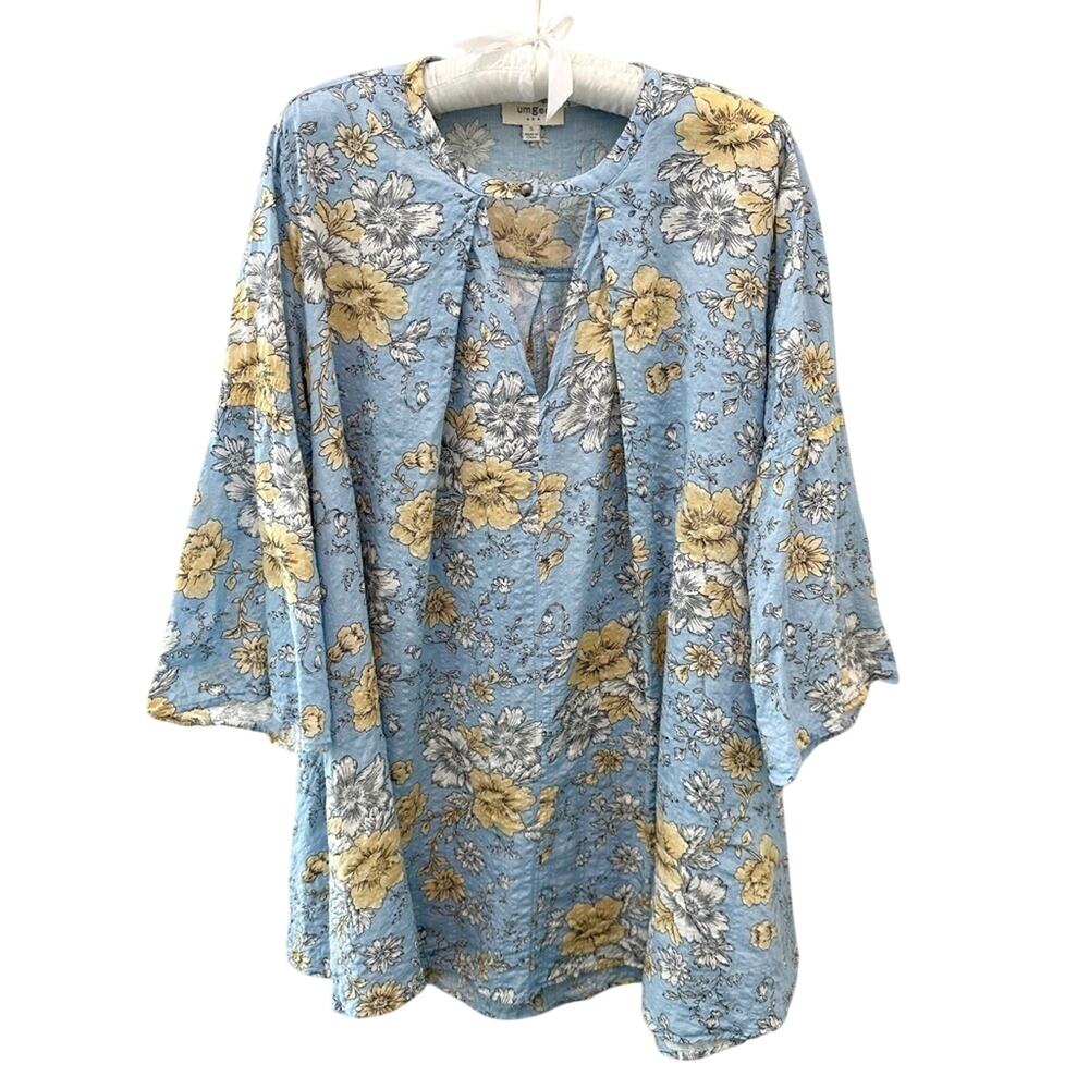 UMGEE Blue Floral Boho Mini Dress Babydoll Bell Sleeve Cottagecore Tunic Small